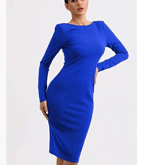 Backless Dress Slit Hem Long Sleeve Pencil Dress Zip-Up Bodycon Midi SMALL - Picture 7 of 7